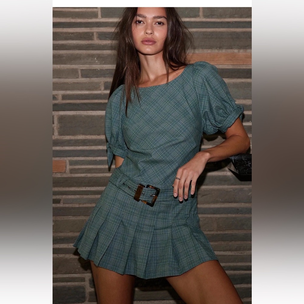Free People Sevi Green Plaid Pleated Open Back Belted Mini Dress Size Large -NWT
